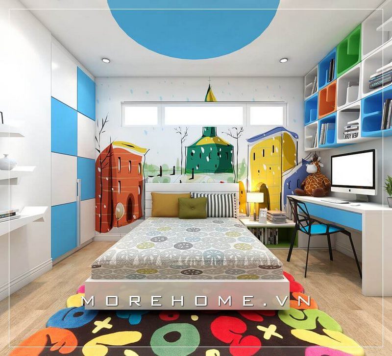 Nội thất phòng ngủ gỗ công nghiệp hiện đại, kết hợp với màu sắc trẻ trung, tươi mới tạo cảm giác thích thú và sinh động hơn tại phòng ngủ bé trai