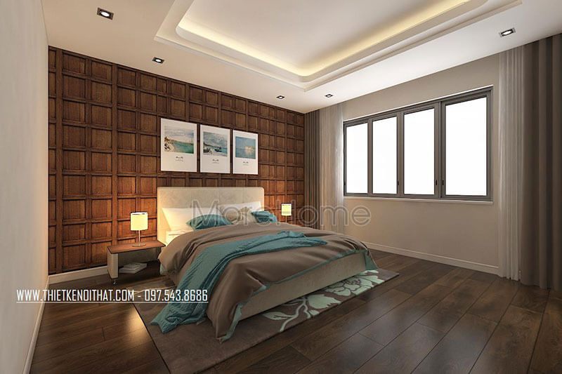 Mảng tường tránh bị thô cứng khi gia chủ lựa chọn thiết kế ốp gỗ tạo sự ấn tượng cho căn phòng